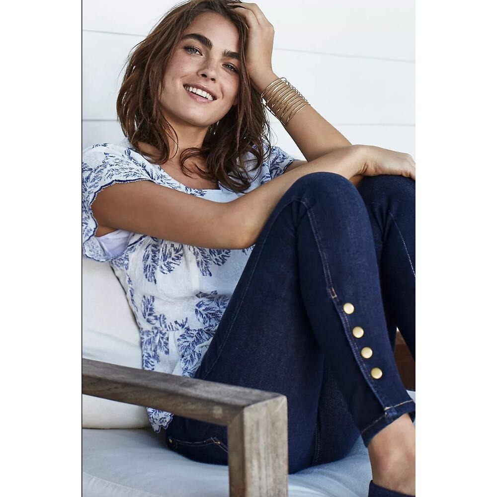Anthropologie Pilcro Jeans Kick Flare Dark Wash Gold Button Details